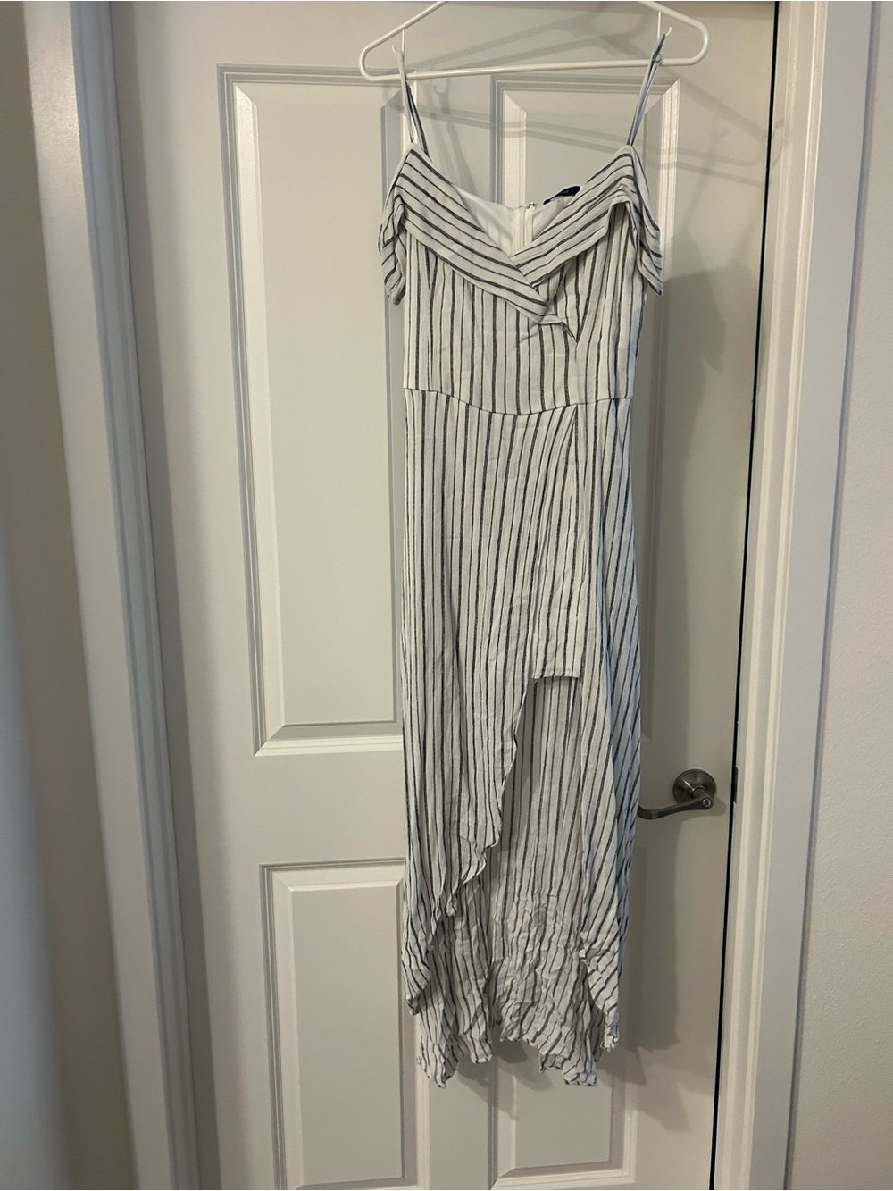 White and Black Striped Off the Shoulder Maxi Dress